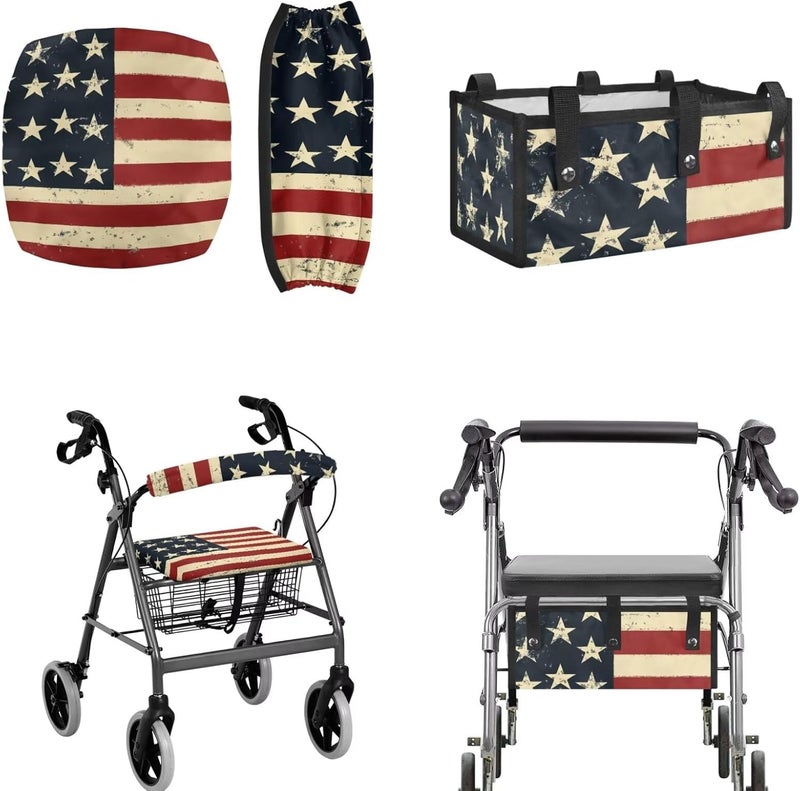 LedBack Rollator Walker Seat and Backrest Covers 4th of July 3 Piece Set, Walker Storage Bags Lightweight Rollator Seat Cushion Covers and Organizer Bag - Image 1